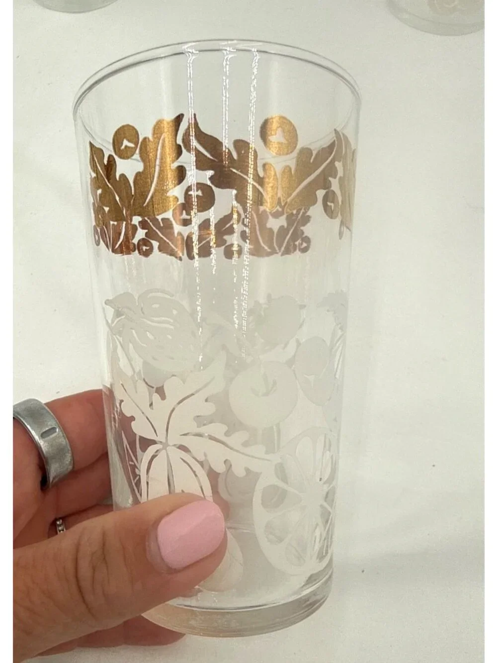 Set Of 6 Vintage Federal Glass Tumblers Gold & White Fruit Floral Design 5